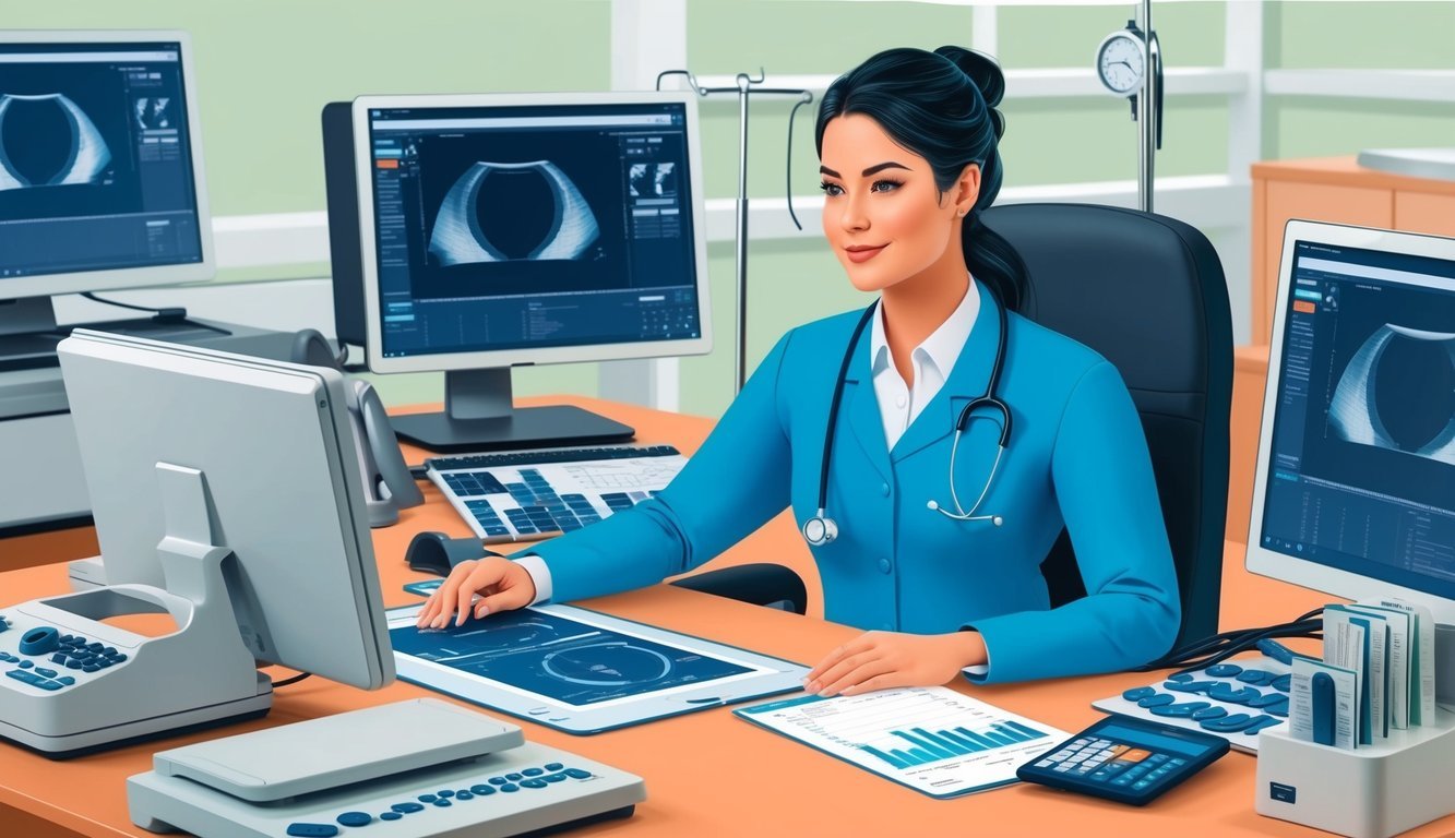 An ultrasound technician at their desk, surrounded by medical equipment and computer screens, with a salary report on the desk