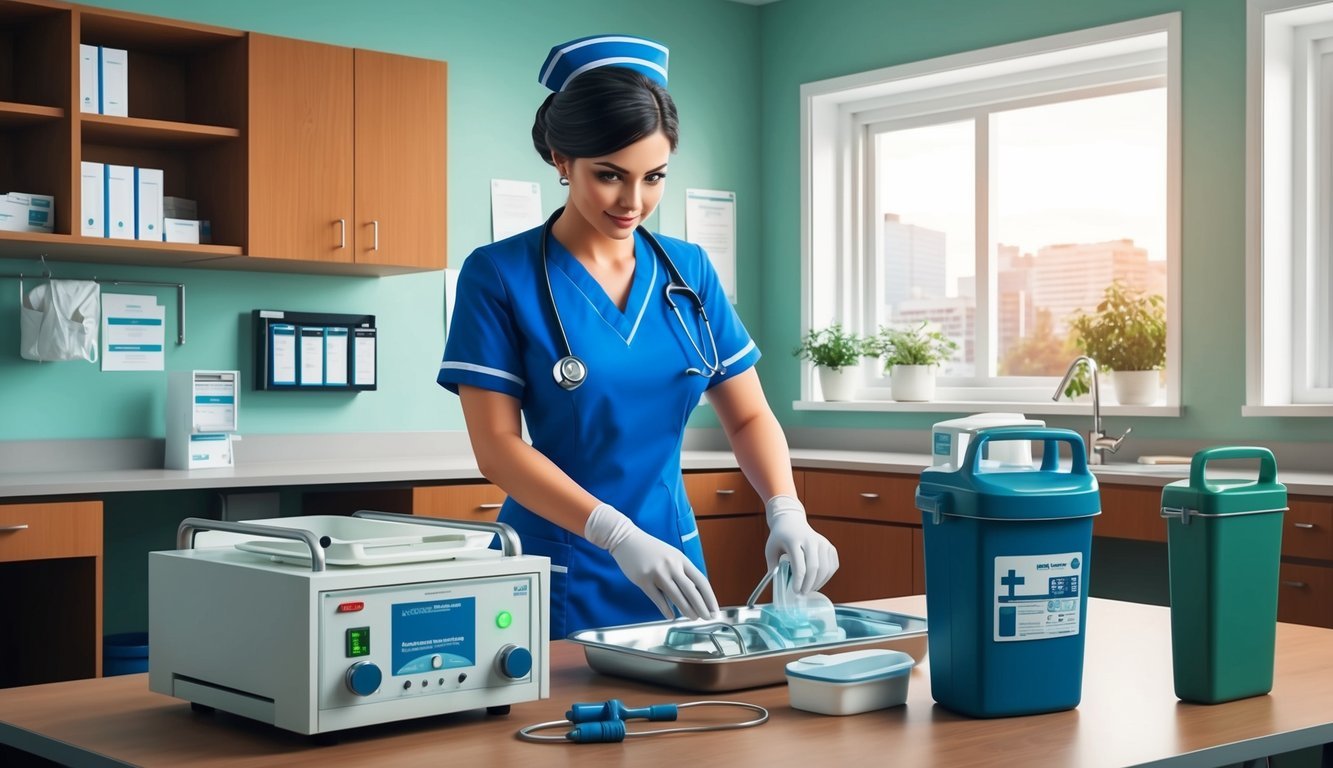 A nurse preparing medical equipment in a well-lit clinic room