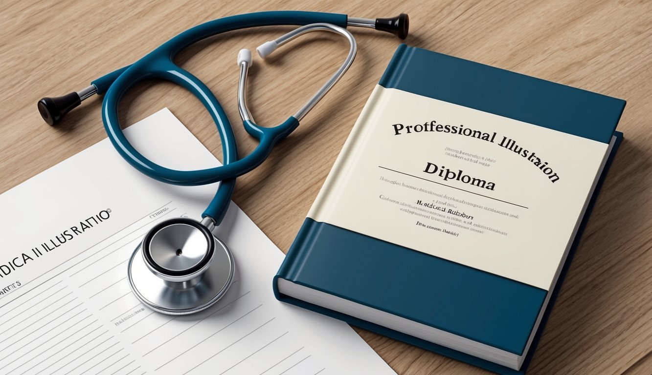 A stethoscope, medical textbooks, and a diploma on a desk