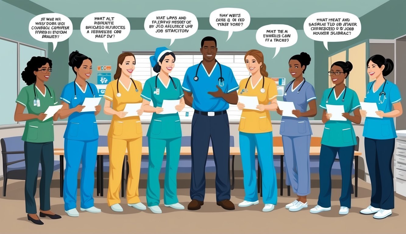 A group of LPNs and RNs compare their pay and express varying levels of job satisfaction in a hospital break room