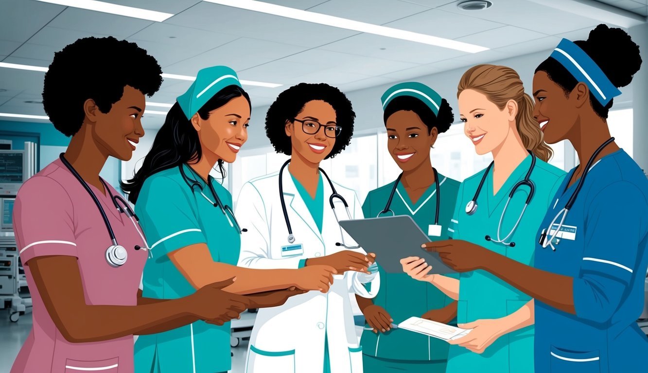 A group of nurses in different specialized fields collaborating and sharing knowledge within a modern hospital setting