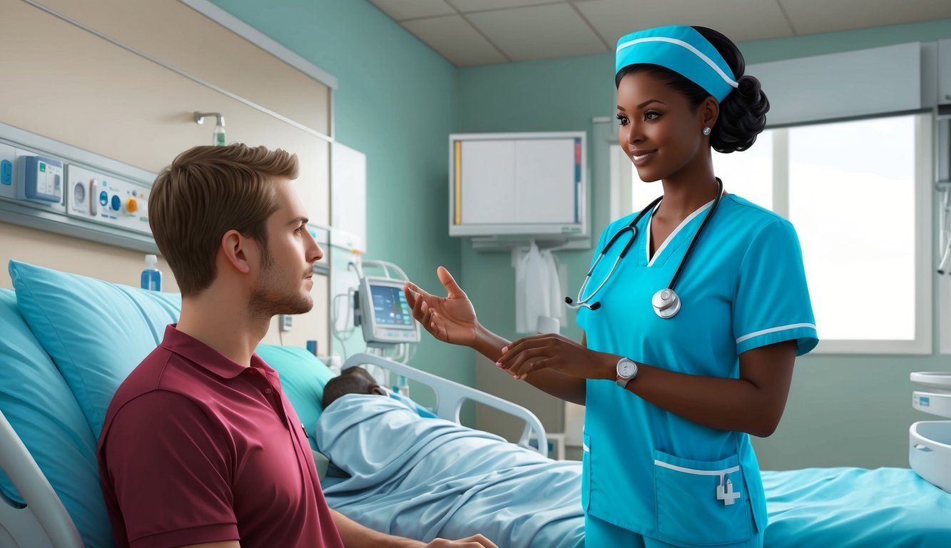 A nurse in scrubs consulting with a patient in a hospital room