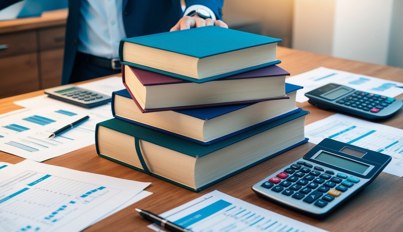 A stack of books and a laptop on a desk, surrounded by financial documents and calculators