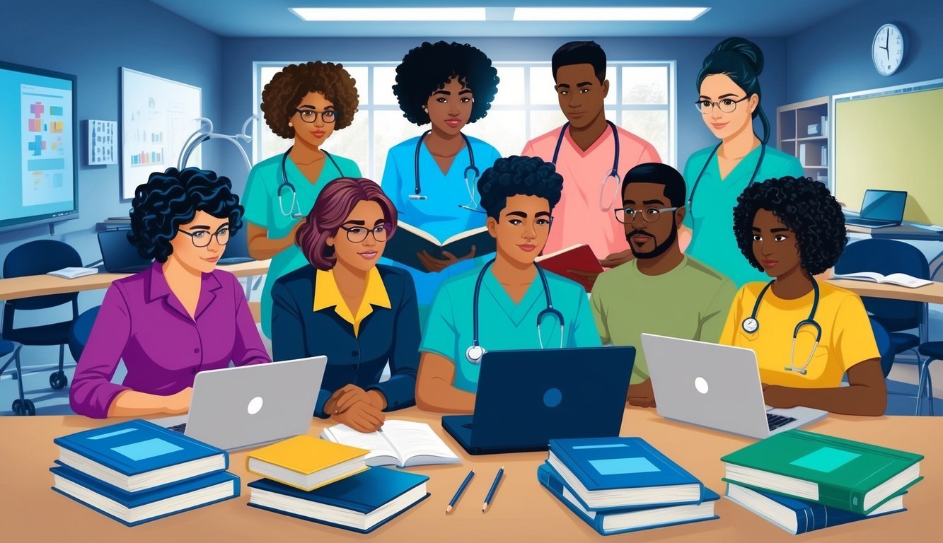 A group of diverse individuals study together in a modern classroom, surrounded by textbooks, laptops, and medical equipment.</p><p>A sense of determination and focus fills the room as they prepare for their accelerated nurse practitioner programs