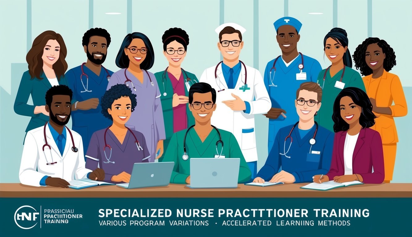 A group of diverse individuals engage in specialized nurse practitioner training, with various program variations and accelerated learning methods