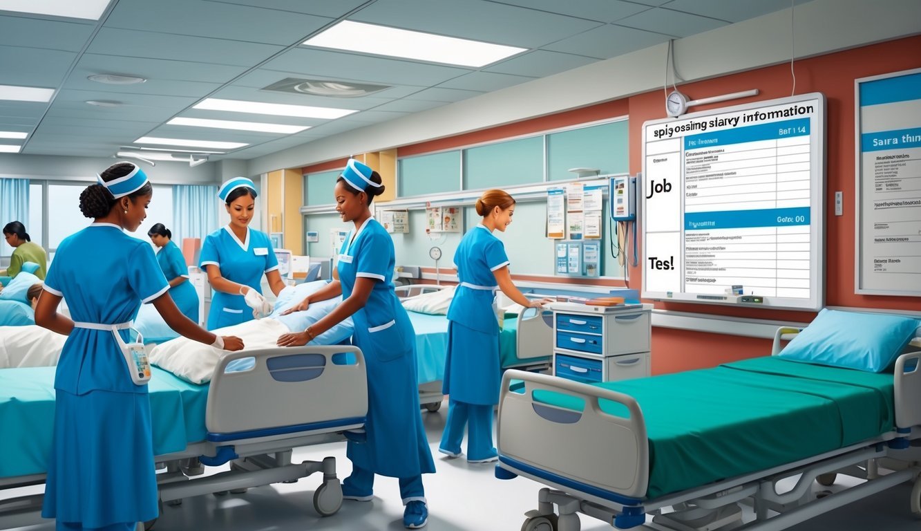 A bustling hospital ward with nurses tending to patients, while a whiteboard displays job postings and salary information