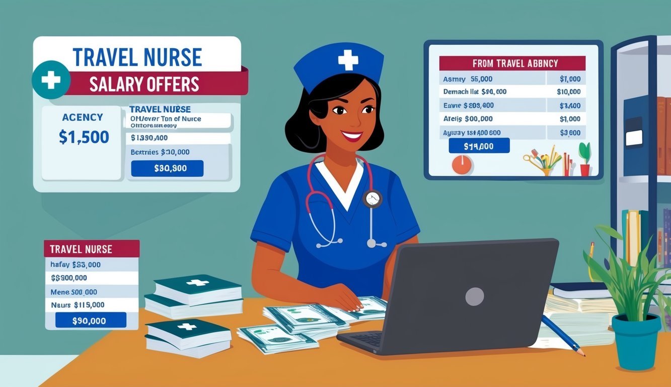 A travel nurse reviewing salary offers from different agencies