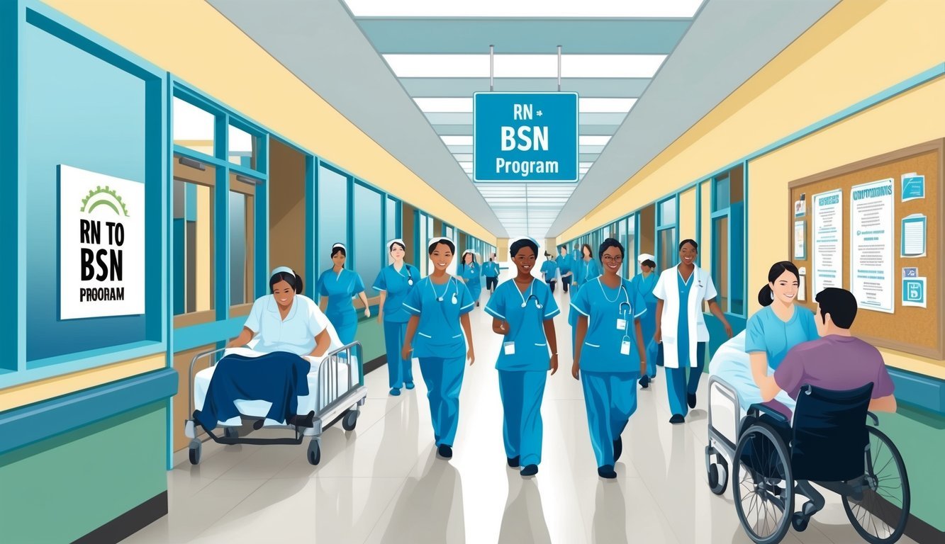 A busy hospital hallway with nurses and patients, a sign for the RN to BSN program, and a bulletin board with career opportunities