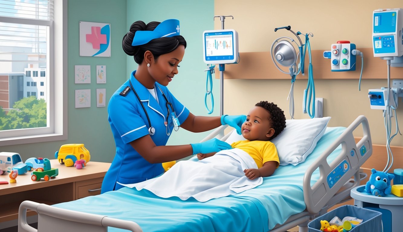 A pediatric nurse in uniform caring for a child in a hospital room.</p><p>Medical equipment and toys scattered around the room